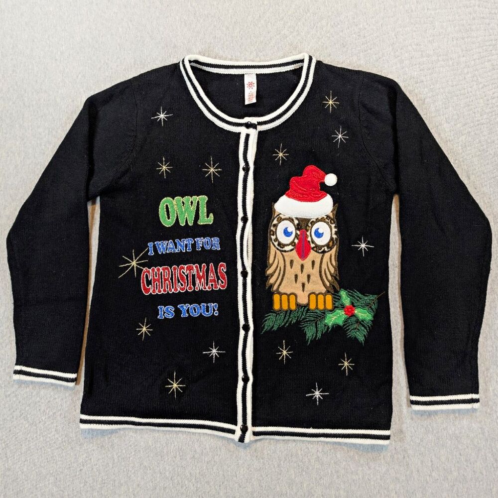 Women’s Christmas Owl Acrylic Knit Button Front Cardigan Black/White Medium